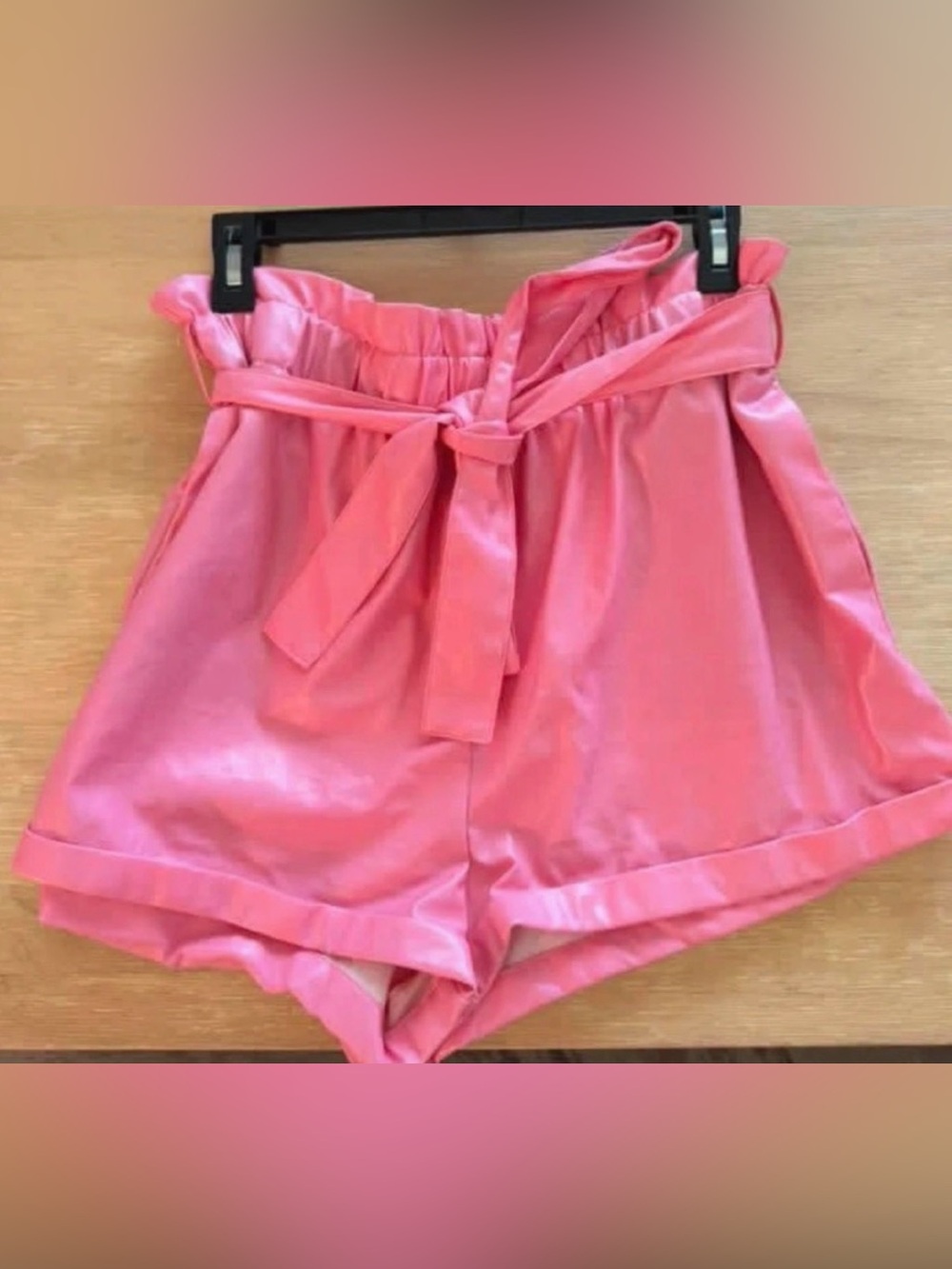 SHEIN Pink High-Waist Paperbag Tie Belt Shorts